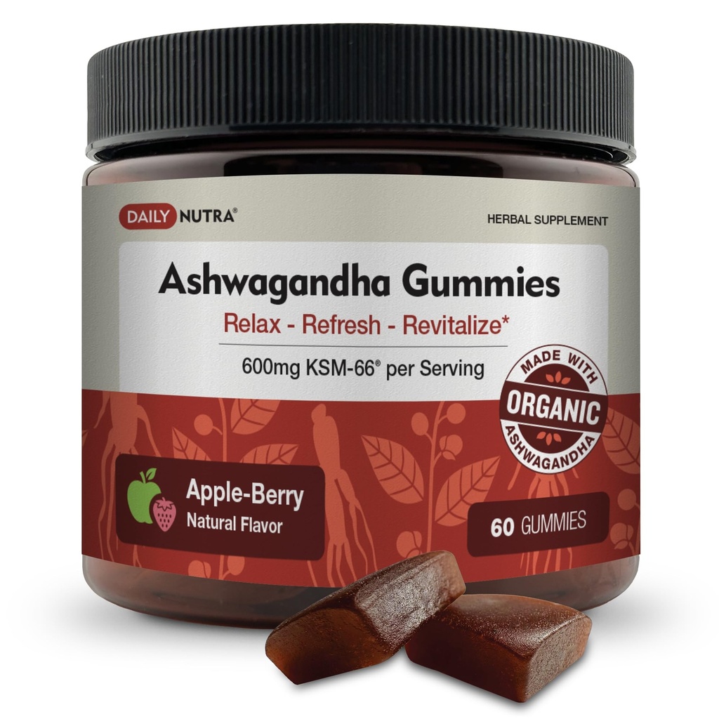 KSM-66 Ashwagandha Gummies - 600mg Organic Root Extract per Serving - Delicious Natural Apple-Berry Flavor 