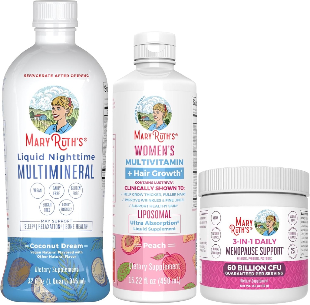 MaryRuth Organics Naisten monivitamiiniLustriva hiusten kasvua, vaihdevuosia tukea, & päivittäin nestemäinen Multimineral, 3-pack Bundle hiusten tuki, ihon terveys, immuuni tuki, Gut Health, ja uni tuki