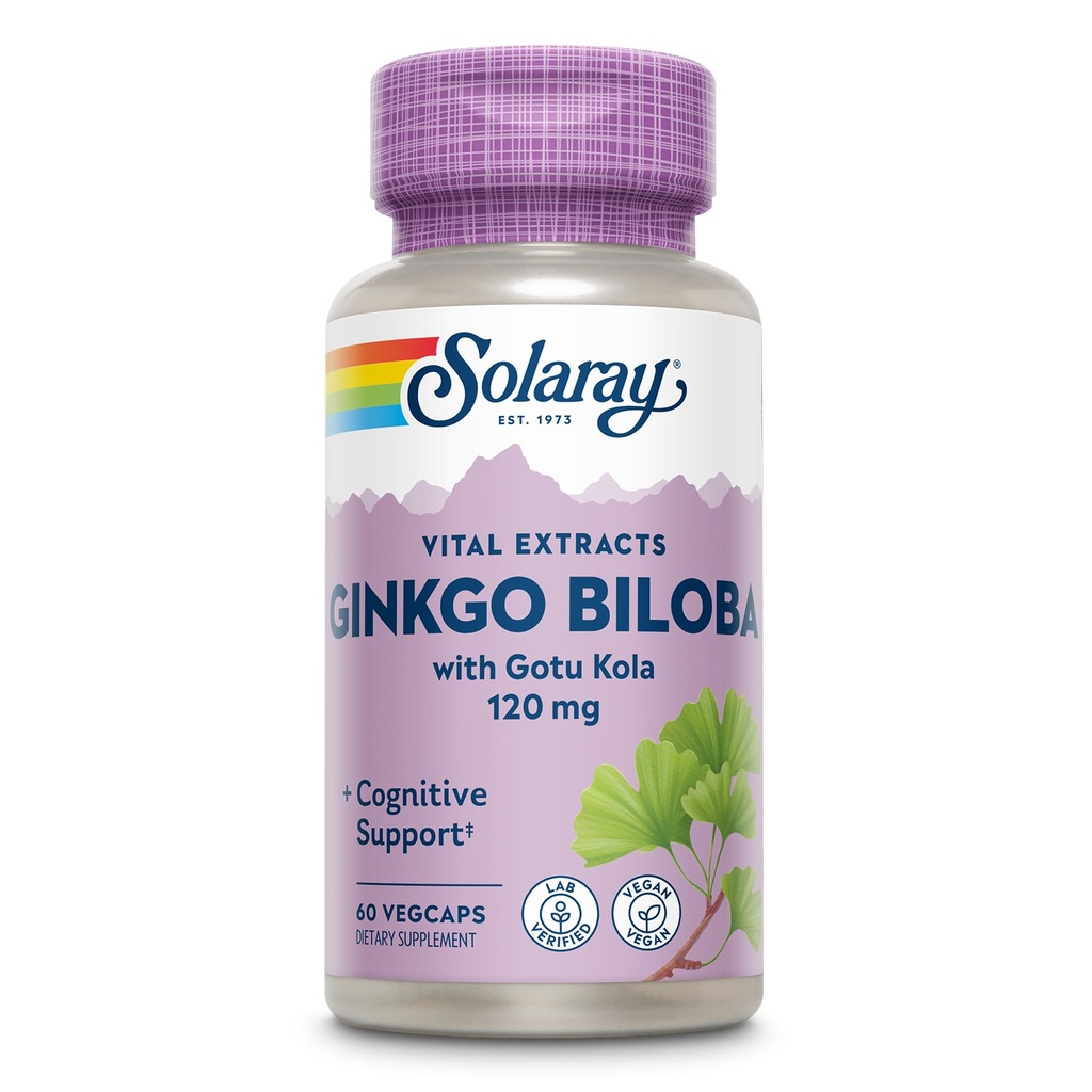 SOLARAY Ginkgo Biloba Extract kanssa Gotu Kola - Ginko Biloba kapselit aivojen terveystuki - Vegan, Lab todennettu, 60 päivän takuu - 60 palvelinta, 60 VegCaps (60 VegCaps)