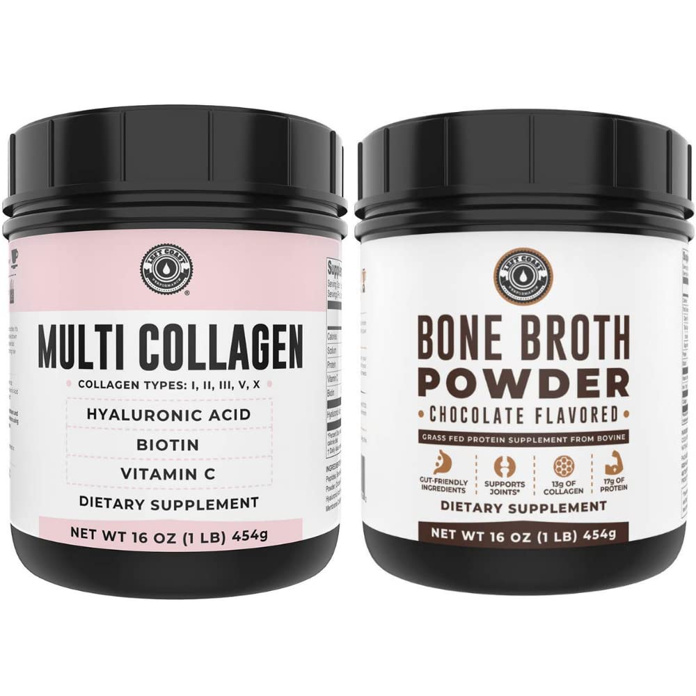Vasen Coast Performance Chocolate Brone Broth ja Multi Collagen Powder nivelten, hiusten, ihon ja kynsien tuki