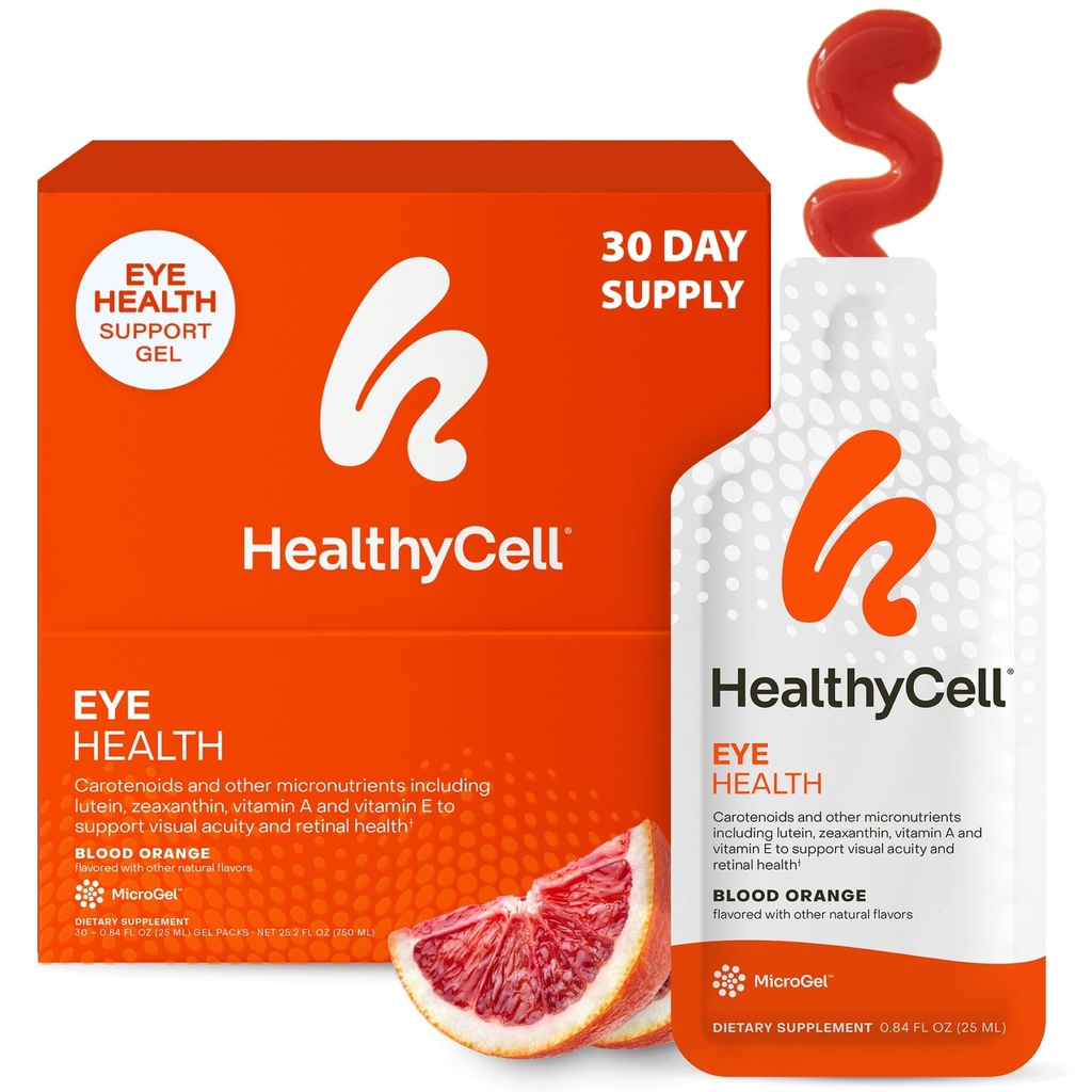 Healthycell Eye Health Daily Liquid Supplement - Eye Vitamiins & Minerals with Lutein, Zeaksantiini, Astaksantiini & Beta Caroteeni for Sight Care & Macular Support - 30 Gel Packs