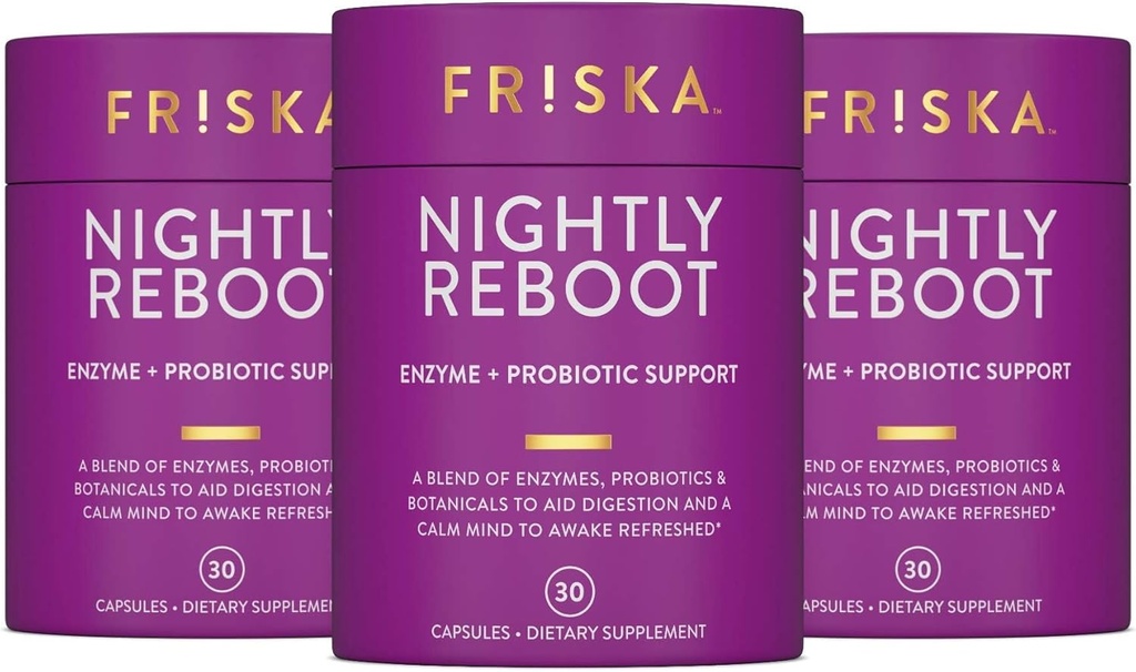 FRISKA Nightly Reboot Enzyme ja Probiootit täydentää, edistää parempaa ruokavaliota ja unta, tukee Gut Health miesten ja naisten, melatoniini, kamomilla, 90 kapselia