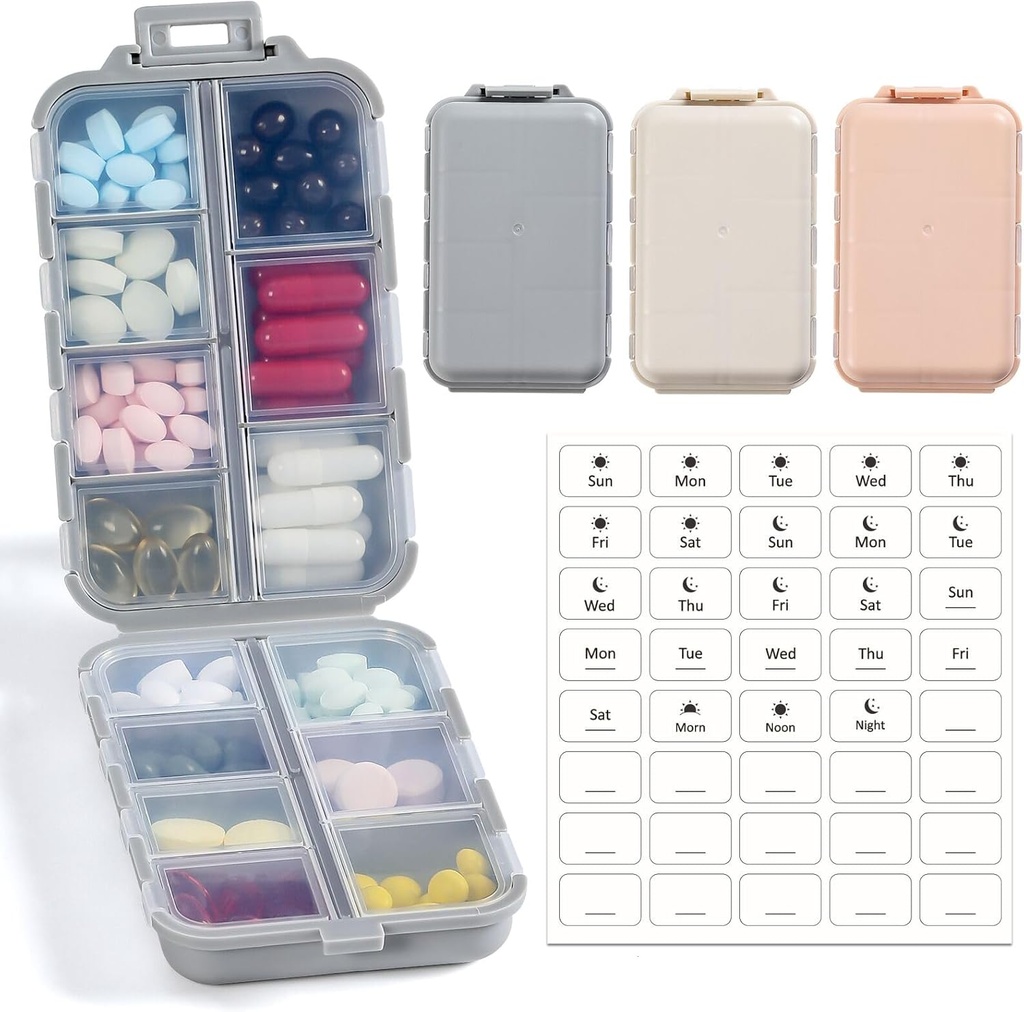 LANDNEOO 14 Grids pilleri Organizer Box etiketeillä, matkalääkkeen haltija Dispender Case Kit, tasku Päivittäinen farmaseuttinen säiliö kalaöljy vitamiini Supplement Storage, Khaki Vaaleanpunainen Harmaa, 3 pakkaus