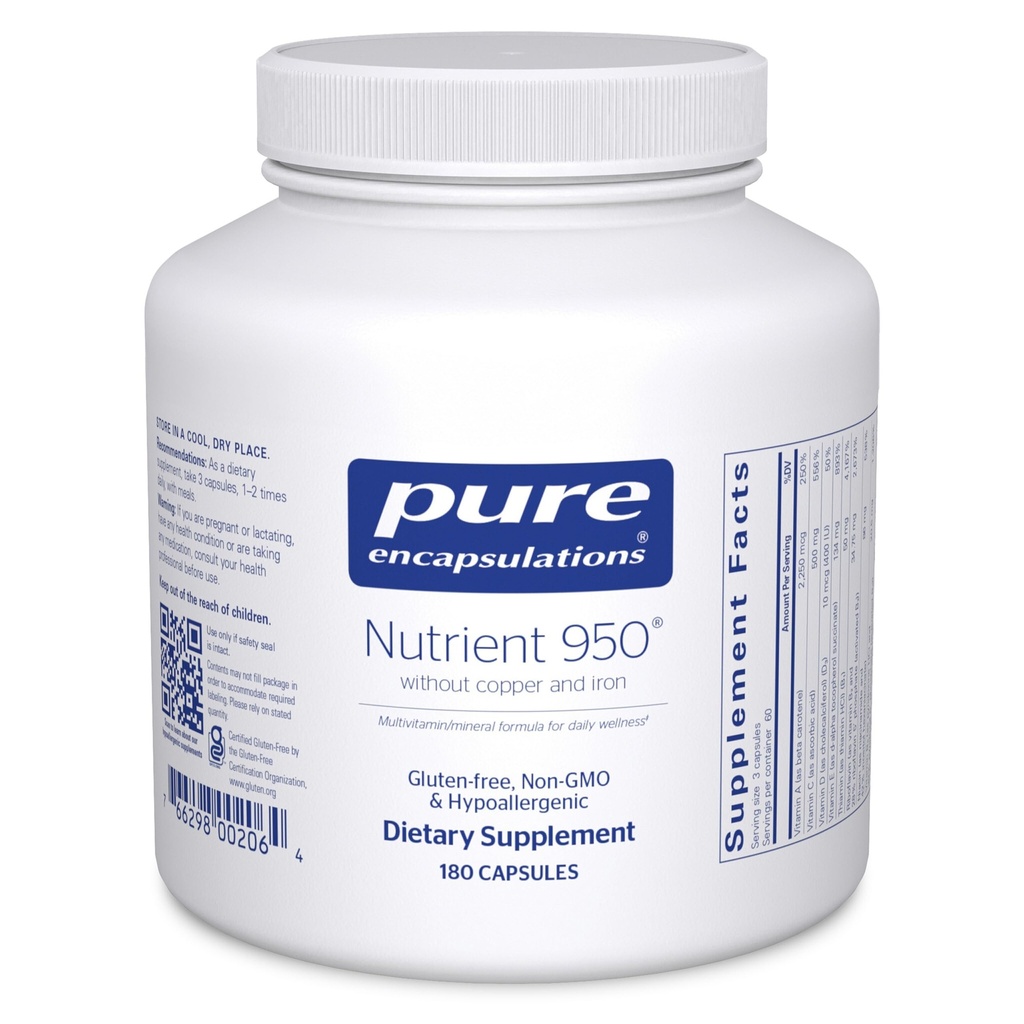 Puhtaat kapselit Nutrient 950 Ilman kuparia ja rautaa Hypoallergenic Multi Vitamin/Mineral Formula Optimal Health 180 kapselia