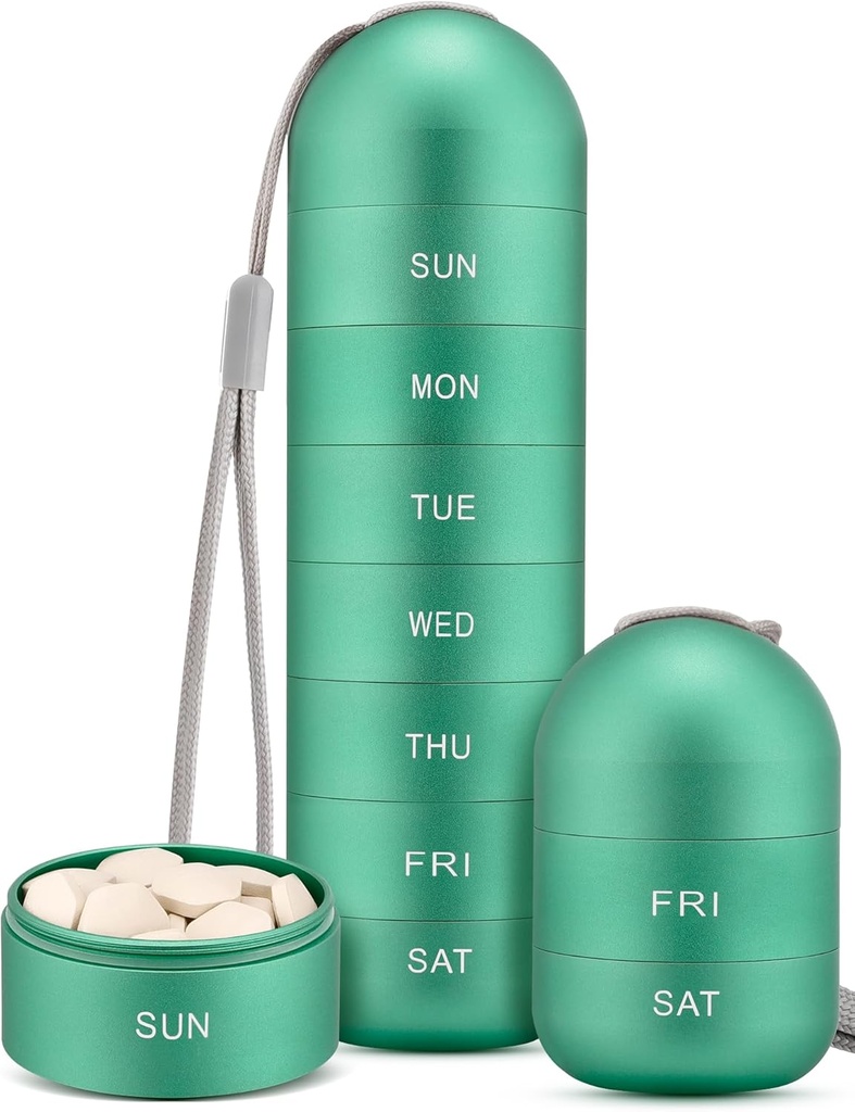 Zannaki Metal Moisture Proof Weekly Pill Organizer, Stackable Aluminum Alloy BPA Free Travel Hiking 7 Day Pill Box Case Waterproof och Large Compartment to Hold Pills, Vitamins, Fish Oil, Supplements