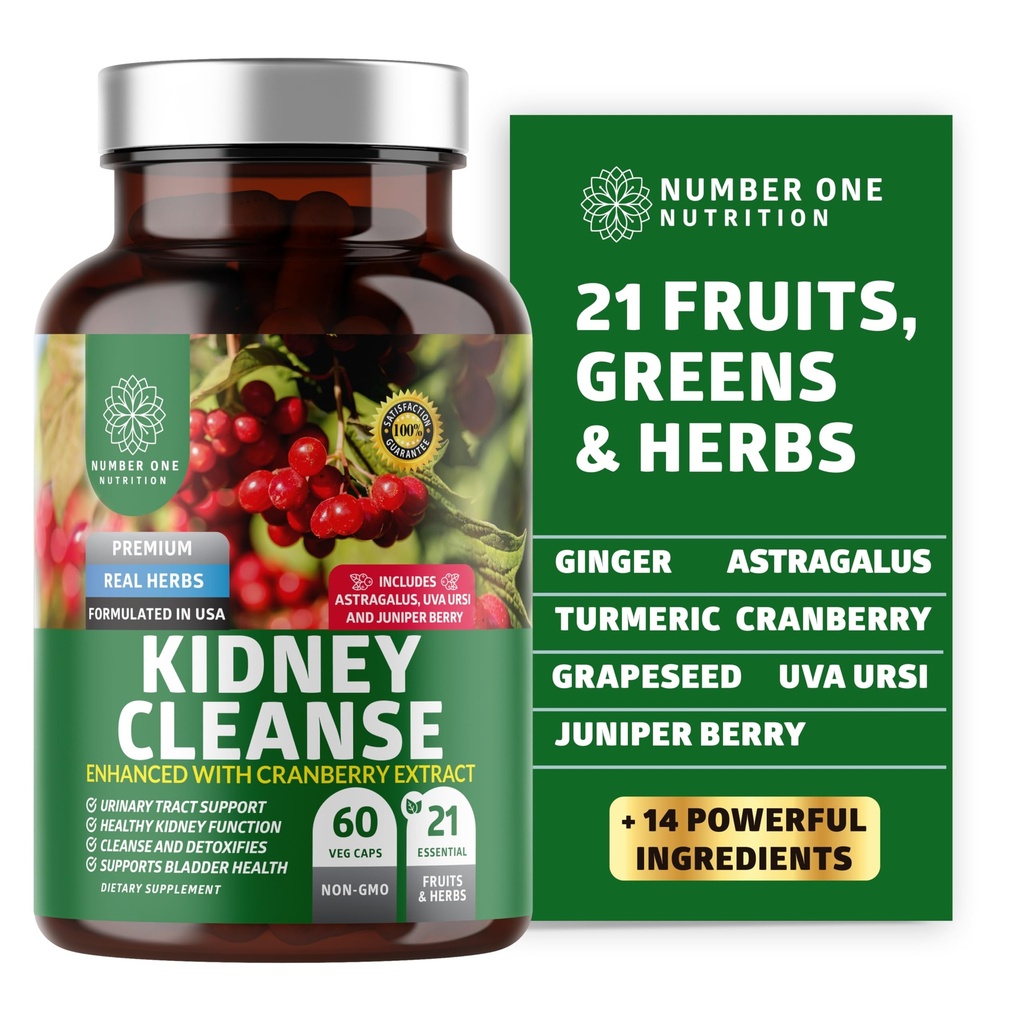 N1N Premium Kidney Cleanse [21 Potent Herbs] för Urinary Tract & Bladder Control, Natural Kidney Support med Cranberry Extract, Astragalus och Uva Ursi Leaf, 60 Veg Caps