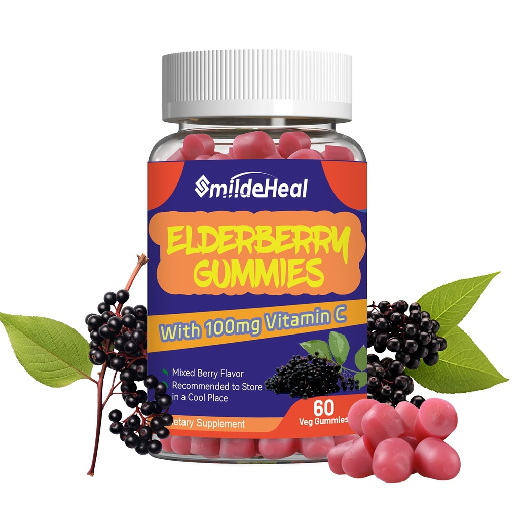 Elderberry Gummies, Elderberry Extract 300mg, C-vitamiinia ja sinkkiä, mansikka maku Gummies, ei-muuntogeenisiä, Gluteeniton, Vegaani-ystävällinen, Immuuni tuki, 60 kreivi