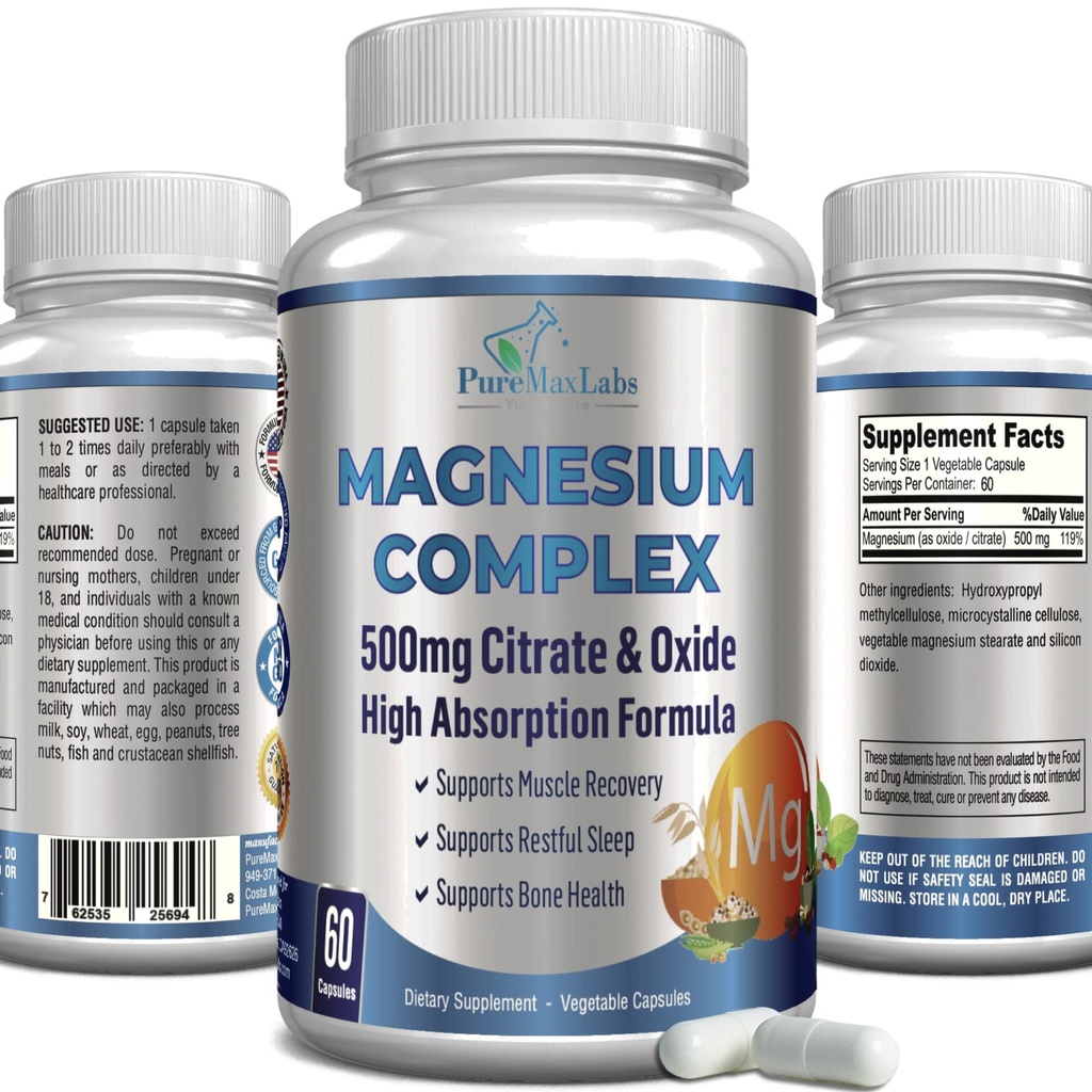 High Absorption Magnesium Citrate Complex 500mg Magnesium Citrate & Oxide - Stöder Calm Sleep, Muscle Cramp Relief, Muscle Recovery, Healthy Teeth & Bones, Non-GMO - 60 Vegetable Capsules