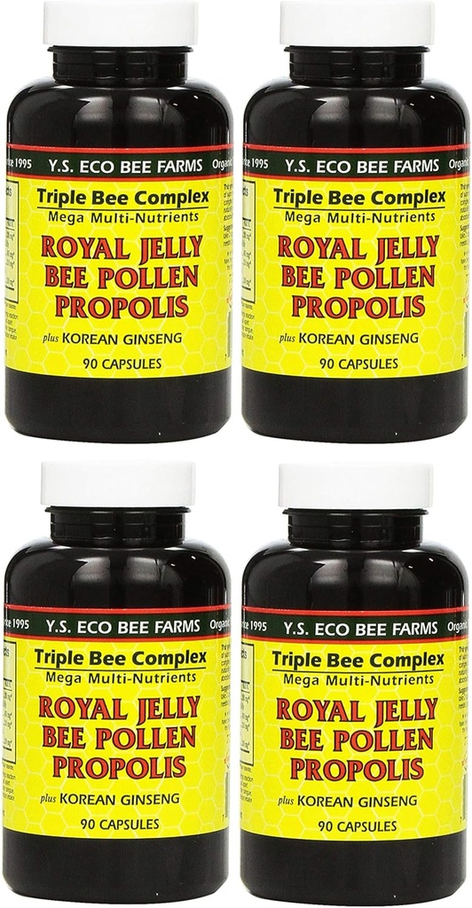Y.S. Eco Bee Farms, (4 Pack) Royal Jelly, Bee Pollen, Propolis, Plus Korean Ginseng, 90 kapselia
