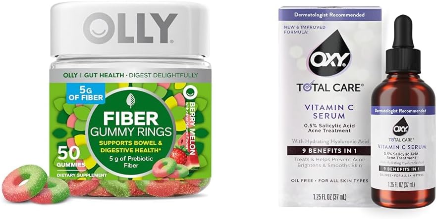 Olly kuitu Gummy renkaat 50ct + Oxy Total Care Hydrating C-vitamiini seerumia digestiivinen tuki, selkeämpi iho