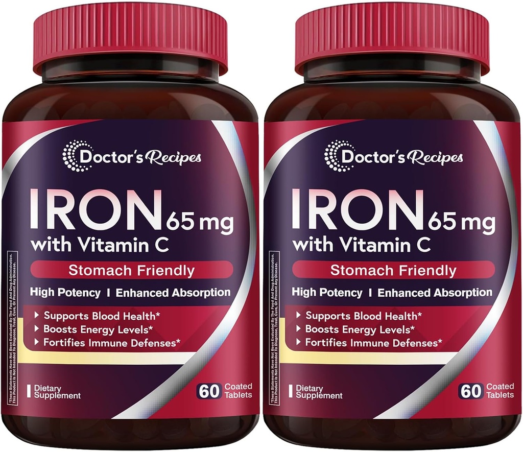 Lääkärin reseptit Iron Supplement 65 mg kanssa C-vitamiini - Maksimoitu Imeytyminen ja vatsa Friendly Iron Pills Red Blood Cells Formation, Heart, Aivot & Immuniteetti Terveys - Vegan 120 Tabs (Pakkaus 2)