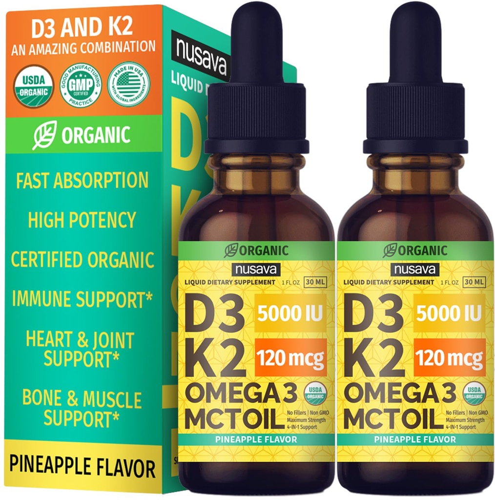 (2 pakkaus) Organic D3 K2 Drops with MCT Oil Omega 3, Maximum Strength D-vitamiini Liquid 5000 IU, Ei Fillers, Non-GMO Liquid D3 for Faster Absorption and Immuuni Support (Pineapple, 2 Fl Oz)