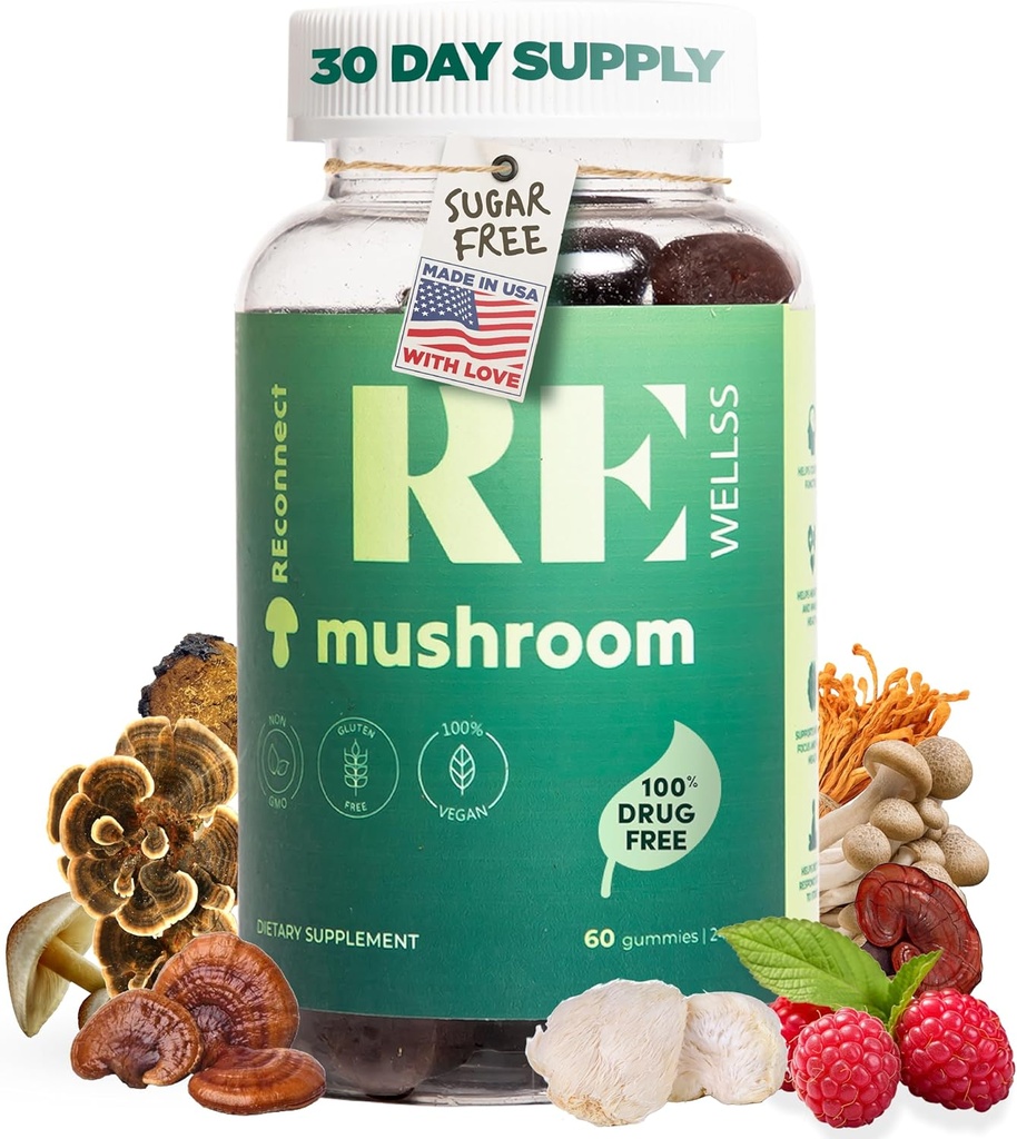 Super Mushroom Gummies I Sugar Free Organic Daily I Chaga Cordyceps Lions Mane Maitake Shiitake Turkiet Tail Reishi | Kosttillskott för kognitiv och immunstöd Fokus Energi Stress Mood