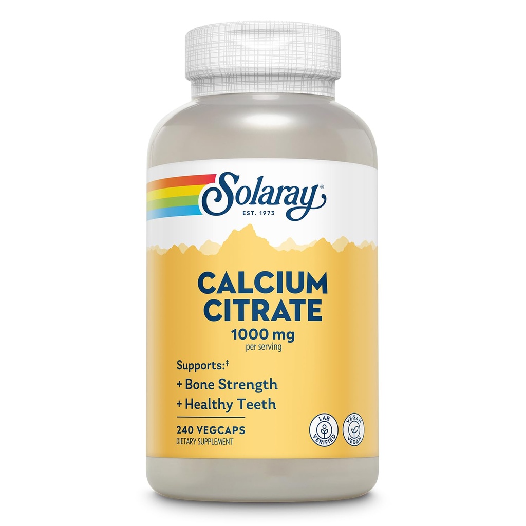 Solaray Calcium Citrate 1000mg - Chelated Calcium Supplement - Stöder benstyrka och hälsosam tänder - Lätt att gräva - 60-dagars garanti, Vegan - 60 portioner, 240 VegCaps