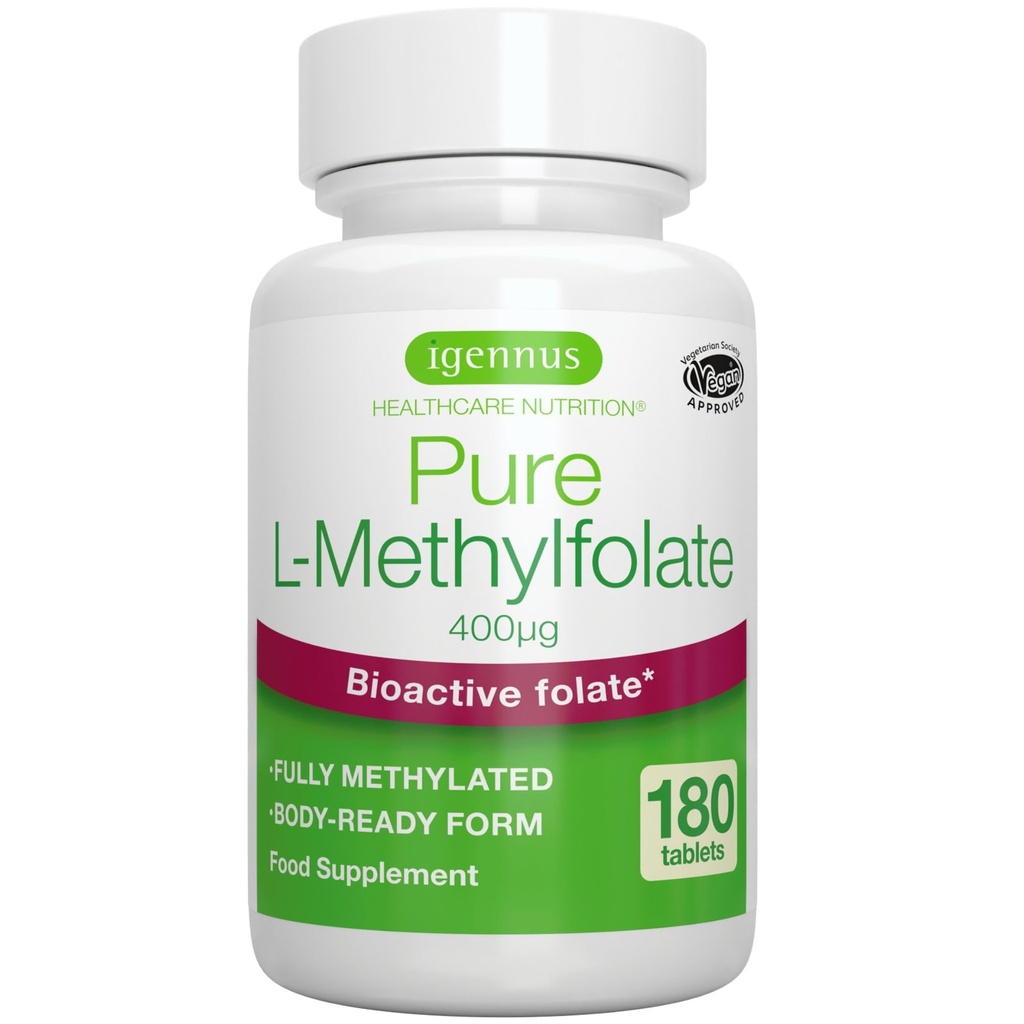 Igennus Pure Methyl Folate 400 mcg, 180 tabletter, Clean Label, Methylated Form of Folic Acid 5-MTHF (Vitamin B9), Vegan, Lämplig för graviditet, One-a-Day, 6 månaders leverans