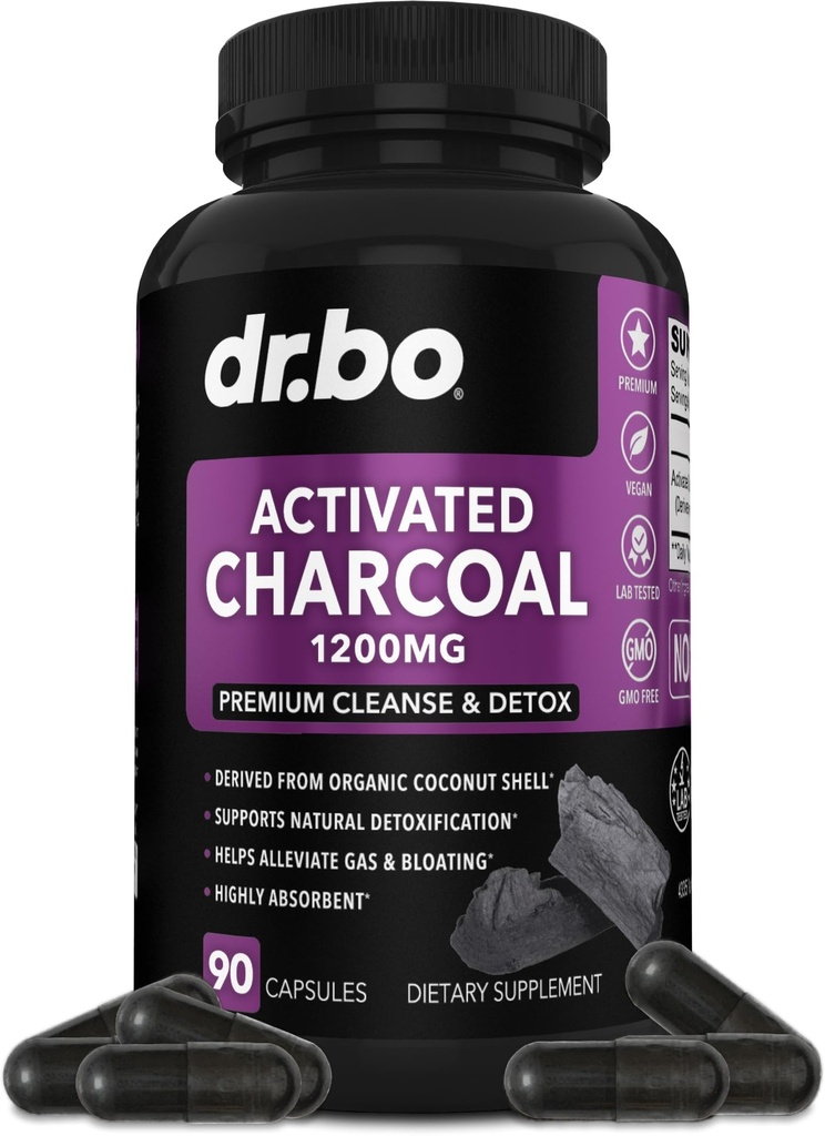 Aktiverade Charcoal Capsules Cleanse Detox - 1200mg Organic Coconut Charcoal Pills for Stomach Gas och Bloating Relief for Men Women Kids - Active Capsules Powder Binder Aktiverade tillägg för Gut