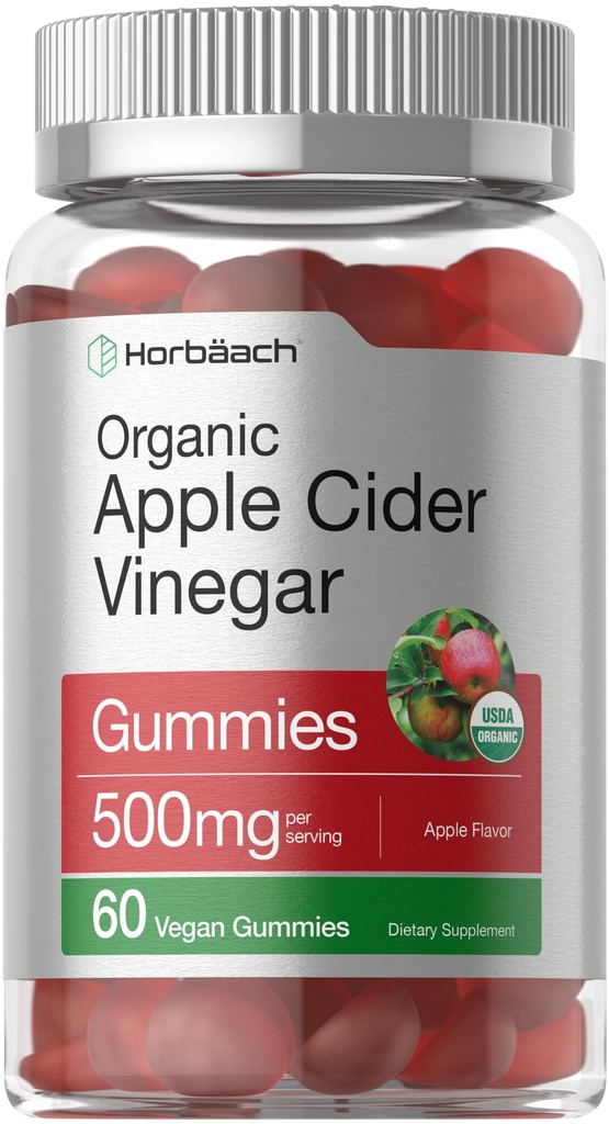 Horbäach Organic Apple Cider Vinegar Gummies | 60 Gummies | Vegan, Non-GMO & Gluten-Free Supplement | USDA Organic ACV | Apple smak