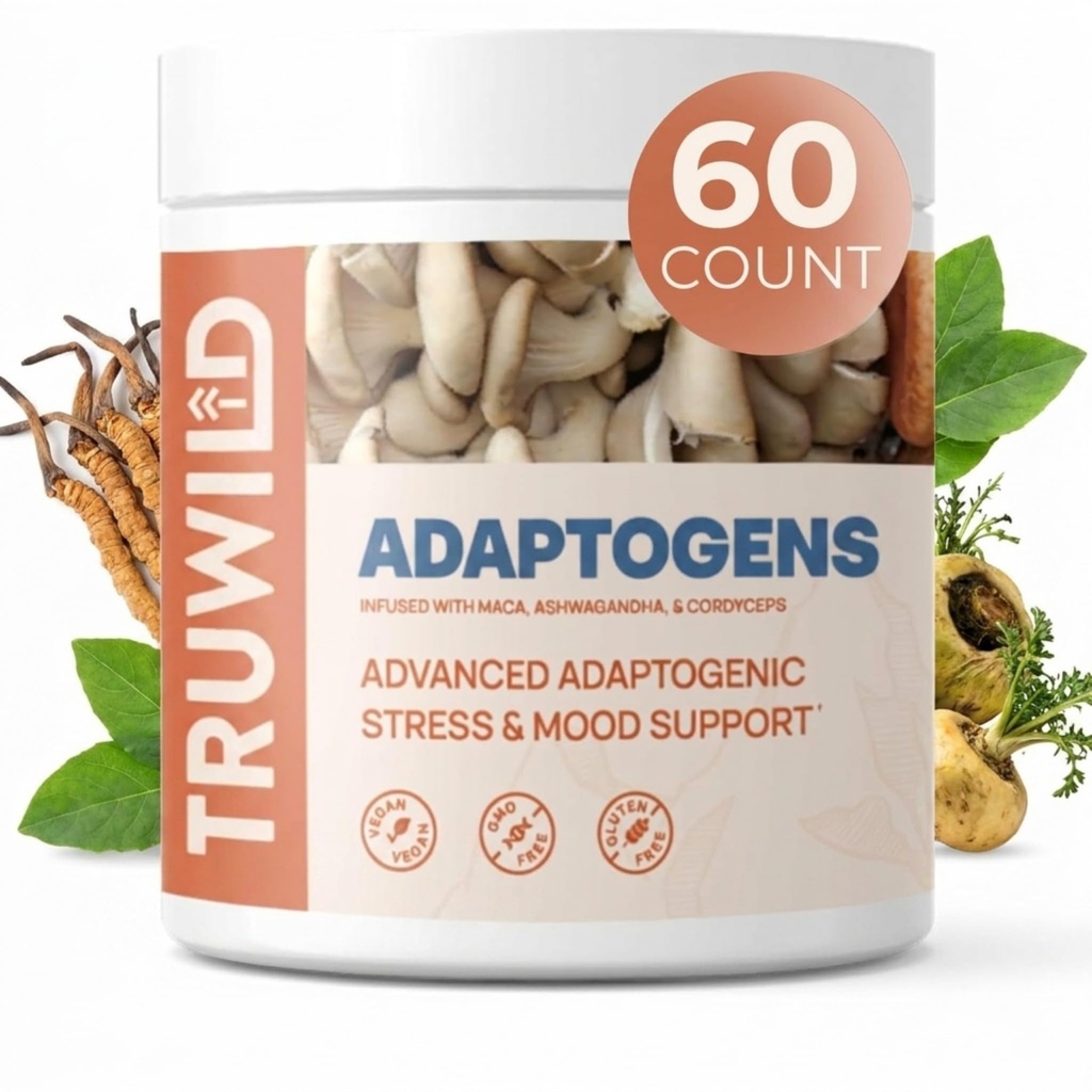 TruWild Adaptogen Blend Cordyceps Maca Ashwagandha - Full Spectrum Mushroom Blend Daily Tuki ja toiminto, Kaikki Natural Formula 7 avain ainesosat, 60 kapselia