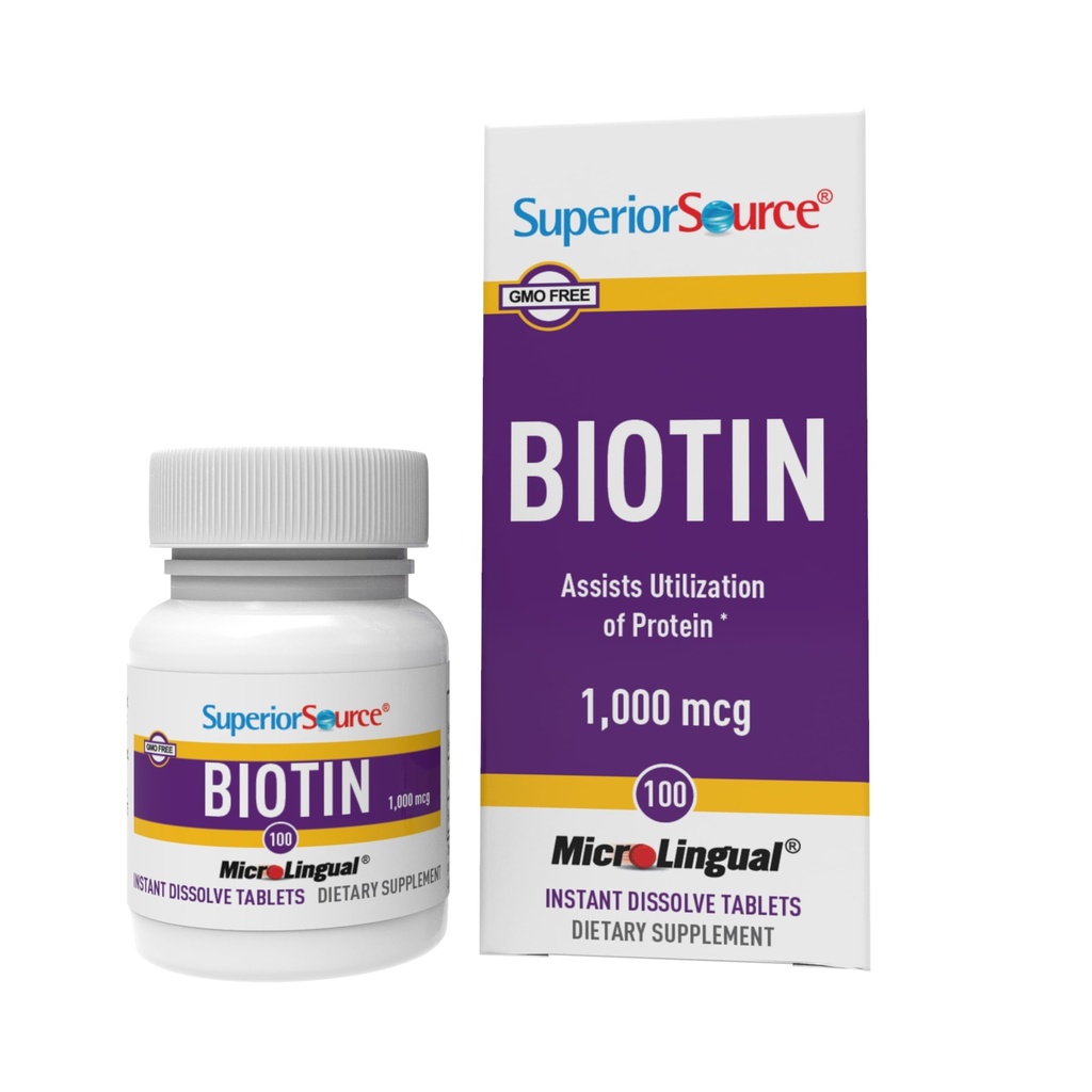 Superior Source Biotin 1000 mcg. Under tungan snabbt lösa MicroLingual tabletter, 100 greve, stöder hälsosamt hår, hud och nageltillväxt, hjälper till att stödja energimetabolism, icke-GMO