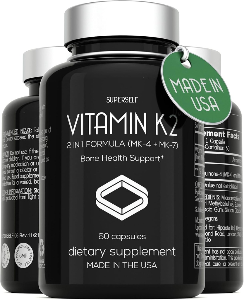Vitamin K2 kapslar 100 mcg - Vitamin K Complex MK-7 & MK-4-60 kapslar - VIT K2 2 i 1 Formel hög styrka tillägg MK7 MK4 - Made in USA - Vegan & Non-GMO