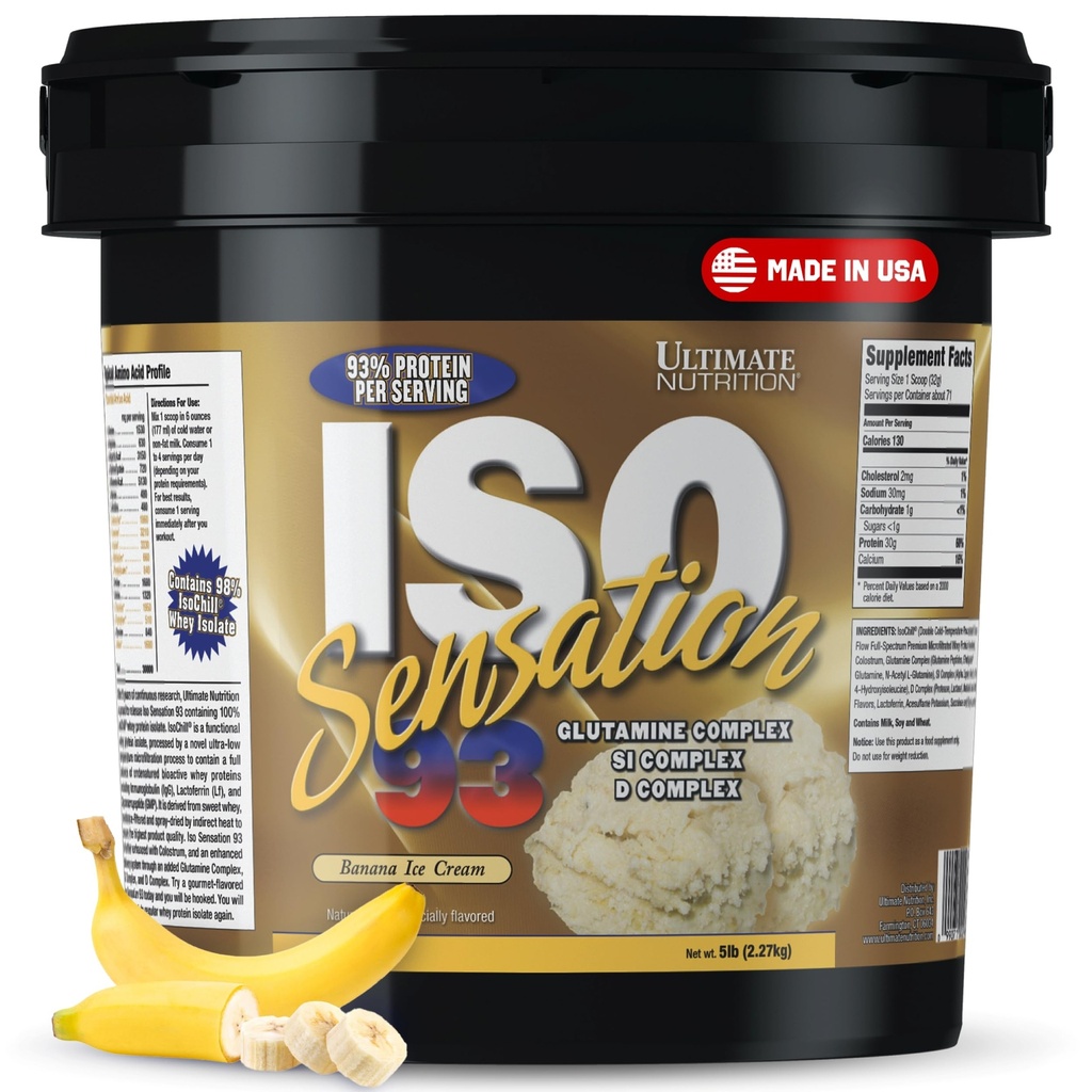 Ultimate Nutrition Whey Protein Isolate Powder med Glutamine Complex, ISO Sensation 93 - Whey Protein Powder med tillsatt Colostrum för förbättrad återhämtning, immunitet & Gut Health - Banana, 5lbs