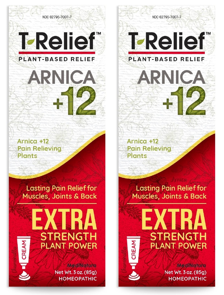 MediNatura T-Relief Extra Strength Cream Arnica +12 Natural Reliving Actives Back Pain Joint Soreness Muscle Aches & Stiffness, koko kehon nopea toiminta helpotus naisille ja miehille - 3 oz (2 pakkaus)