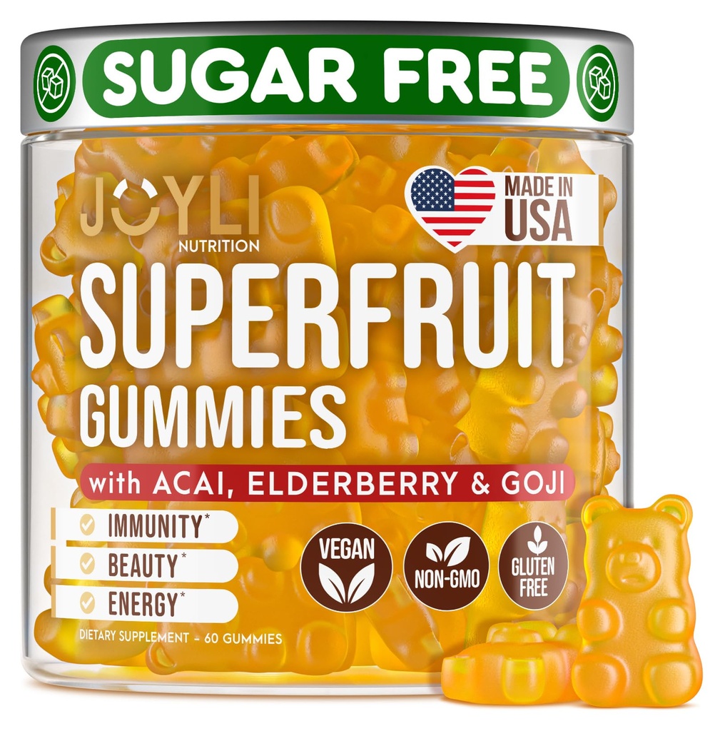 Joyli Superhedelmät Gummies - Sokerittomia hedelmiä Multivitamiini Gumies aikuisille - Luonnollinen Gummy vitamiineja naisten ja miesten kanssa Goji, Elderberry, vitamiineja A, C, D & E - Tukee immuniteettia, digestiota ja energiaa