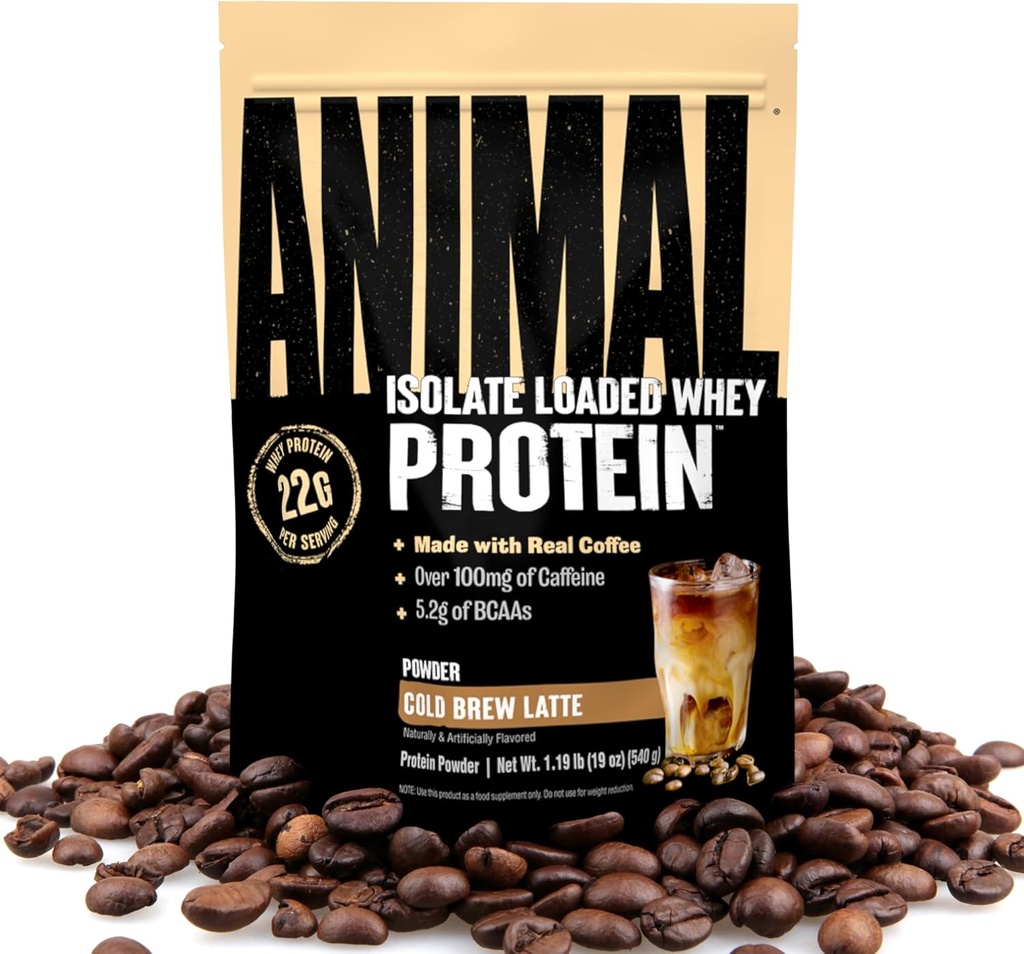 Animal Whey Protein Coffee Powder, Loaded med 22g Protein, 100mg koffein och BCAAs för Pre & Post Workout Muscle Builder Recovery med Digestive Enzymes för Män & Kvinnor, Cold Brew Latte, 1 lb