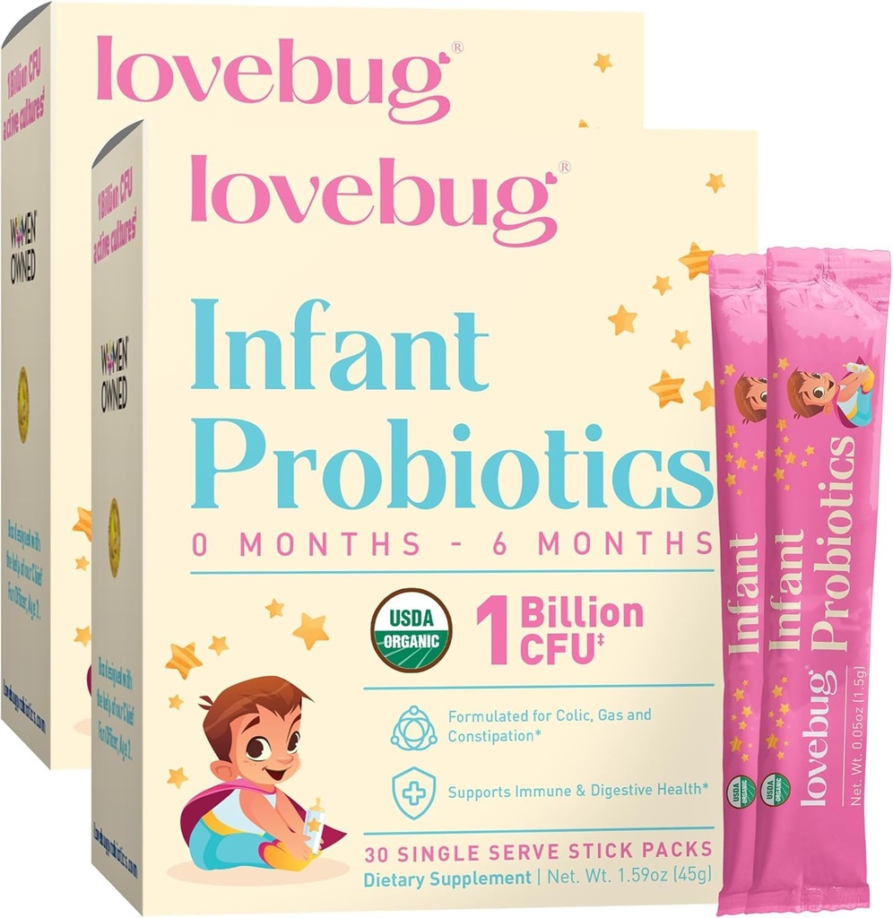 LOVEBUG Infant Probiootit 0-6 kuukautta - USDA Organic Probiootit vauvoille, tukee vauvan kaasu, Colic, ripuli ja vastasyntynyt Ummetus Relief, Allergen & Sugar Free, Makuton jauhe, 60 pakkaus