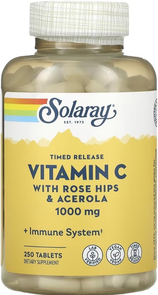 SOLARAY Aikaistettu vapautuva C-vitamiini Rose HIPS & Acerola, 1000 mg, 250 tablettia