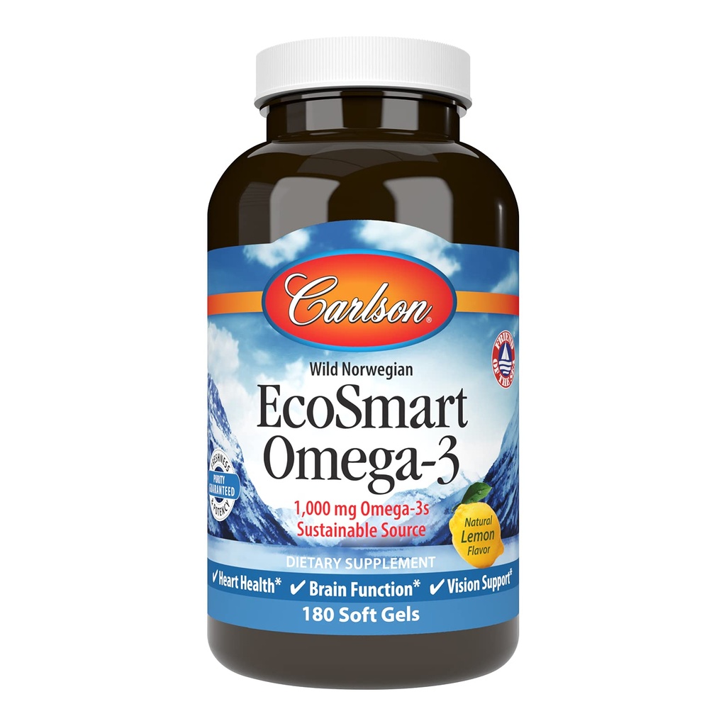 Carlson - EcoSmart Omega-3, 1000 mg Omega-3, hållbar källa, hjärthälsa, hjärnfunktion och visionsstöd, citron, 180 Softgels