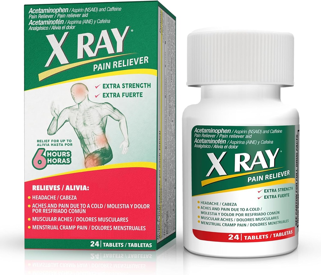 X RAY Extra Strength Pain Reliever: asetaminofeeni 500 mg, aspiriini, kofeiini - 24 tablettia Jokainen, Potent Formula migreeni, päänsärky ja selkäkipu lievittää, vähentää tulehdusta