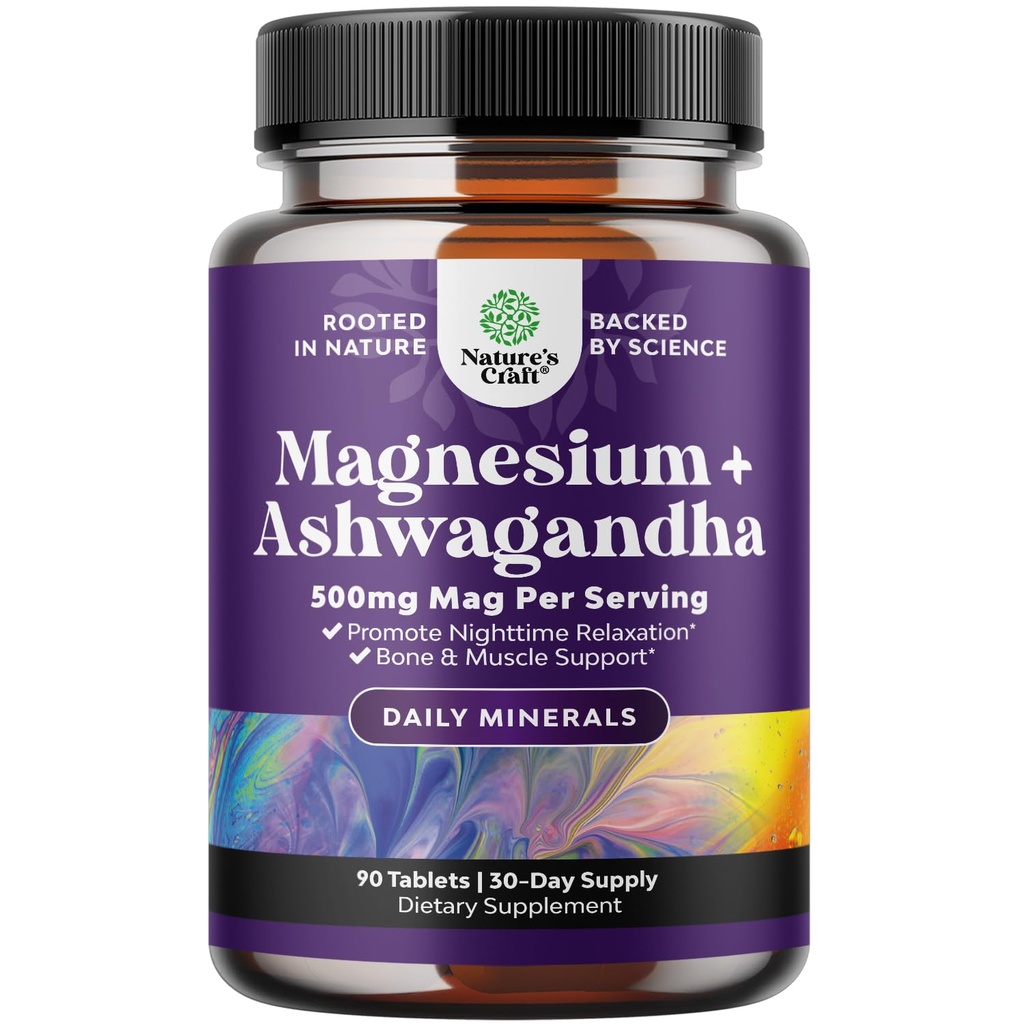 Puhdasta rauhoittava magnesium Glycinate täydennysosa Ashwagandha - Magnesium stressi tukea ja levätä Helppo aikuisille - korkea Imeytyminen Tabletit luun tuki ja lihaskramppeja - 90