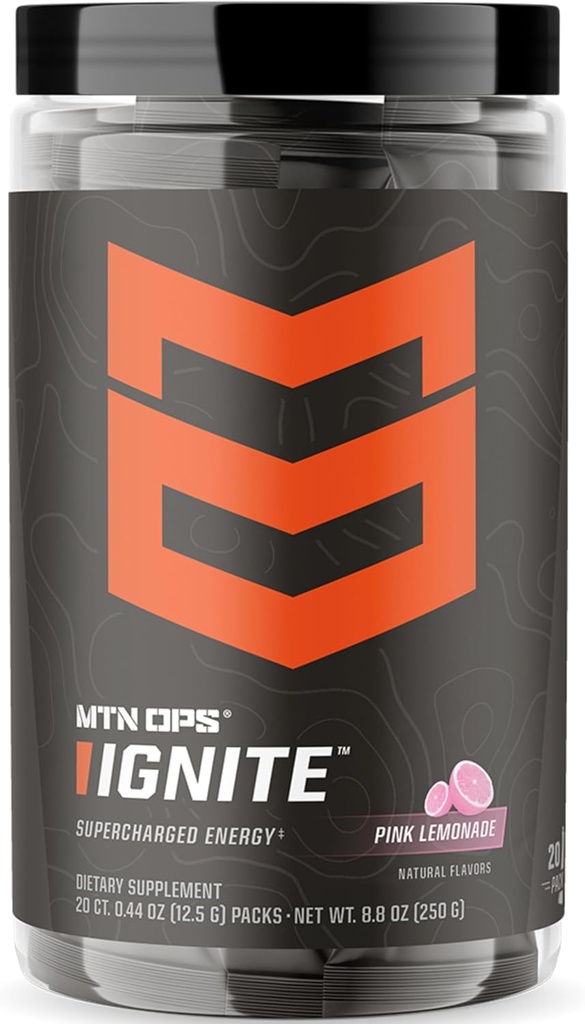 MTN OPS Ignite Trail Packs Energy Drink Powder, Gluteeniton Nootropic Supplement Drink Mix, L Arginiini, L Sitrulline, Kofeiini & Nootropic Sugar Free Drink Mix, 20 tarjoilua, vaaleanpunainen sitruunamehu