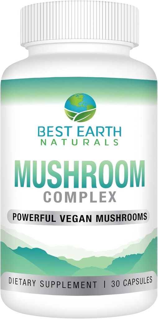 Best Earth Naturals Vegan Mushroom Complex Supplement for Energy, Clarity & Cognitive - Immune Support w/Lion's Mane, Reishi, Chaga, Maitake & Shiitake 30 Day Supply (30 kapslar)