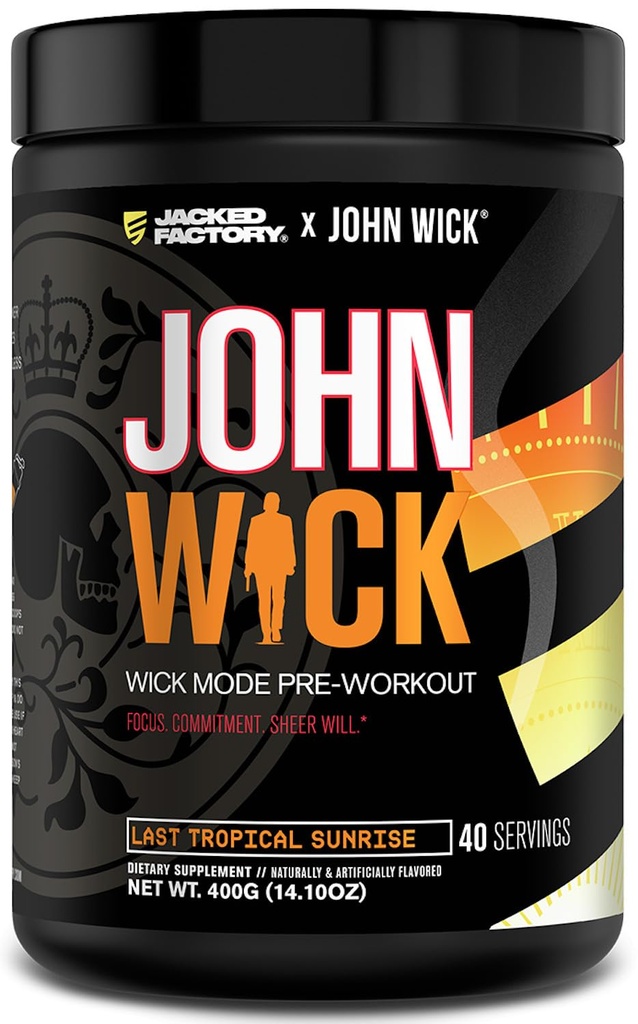 Jacked Factory X John Wick - Wick Mode Pre Treenout Powder - Intense Energy, Battle-Ready Focus, pysäyttämätön sitoutuminen, ja Sheer Will - 40 Palvelimet, Last Tropical Sunrise