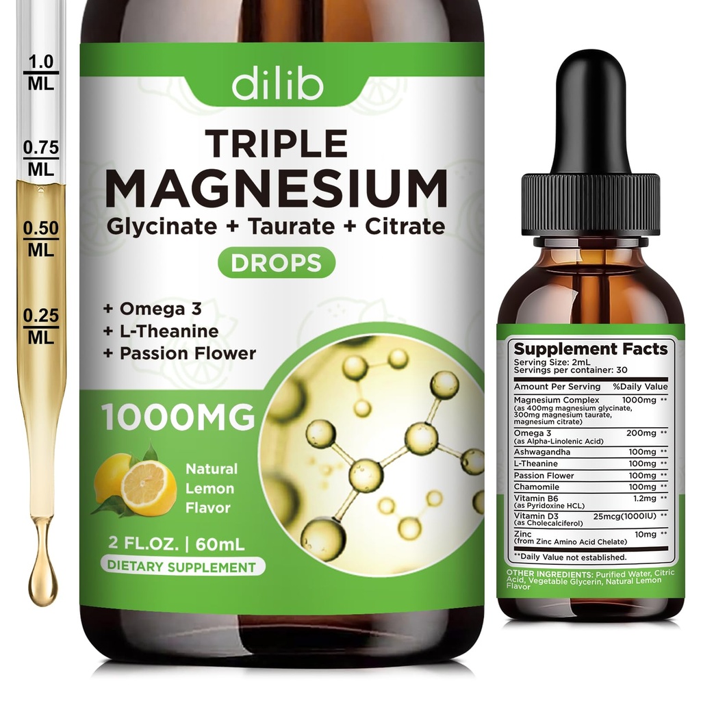 Liquid Magnesium Glycinate Supplement 1000mg, Calm Magnesium Citrate, Taurate Drops med Omega 3, Zink, Ashwagandha, L-Theanine, Chamomile för sömn, humör, stressavlastning, ben, muskel, citron smak