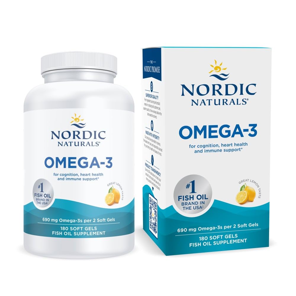 Nordic Naturals Omega-3, Lemon Flavor - 180 pehmeää geeliä - 690 mg Omega-3 - Kalaöljy - EPA & DHA - Immuunituki, aivo- ja sydänterveys, optimaalinen hyvinvointi - ei GMO - 90 tarjoilua