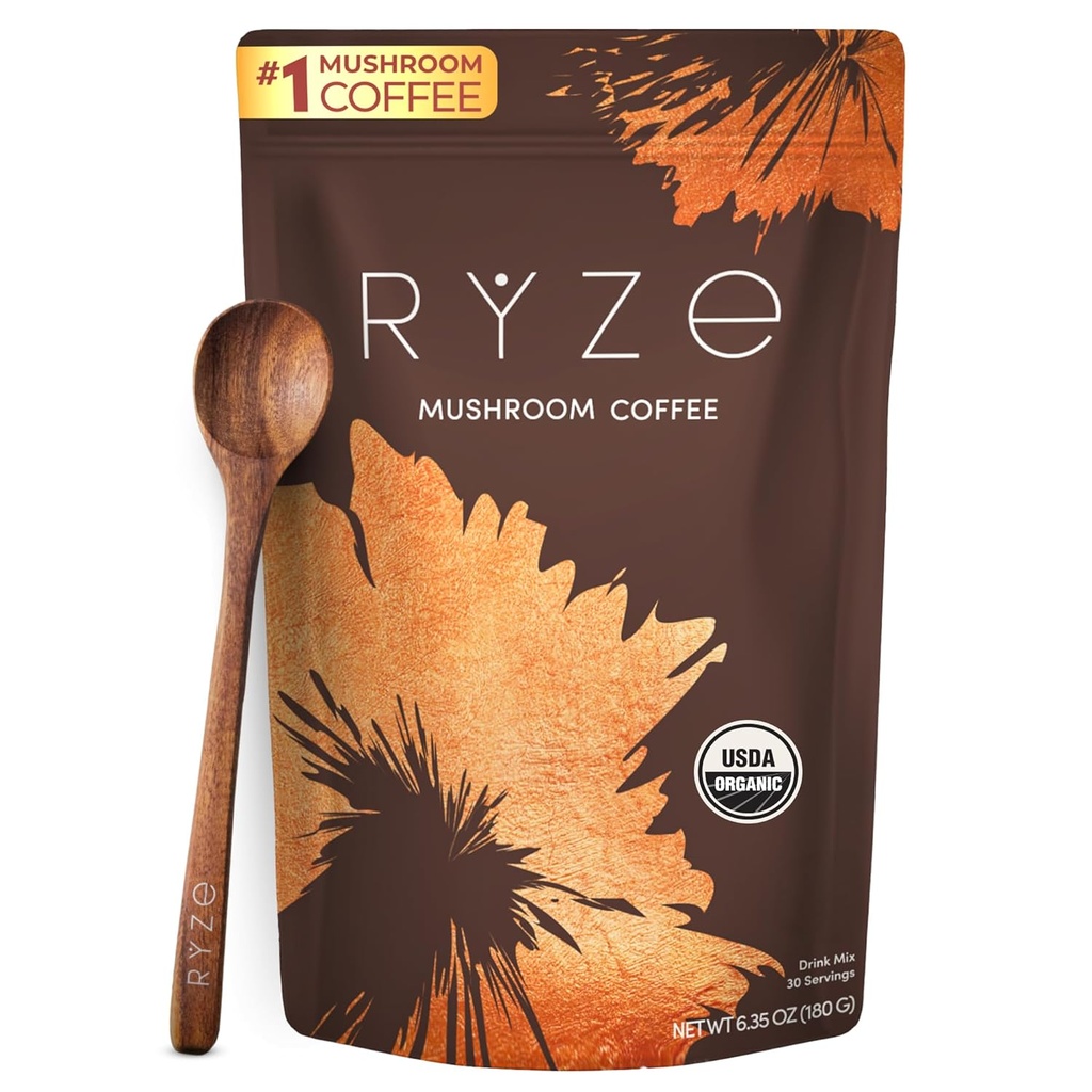 RYZE SUPERFOOODS Mushroom Coffee USDA Organic med 6 Adaptogenic Mushrooms och MCT Oil, USA Grown Instant Coffee för bättre energi, fokus, matsmältning, immunitet med Lions Mane & Turkey Tail, 30 portioner