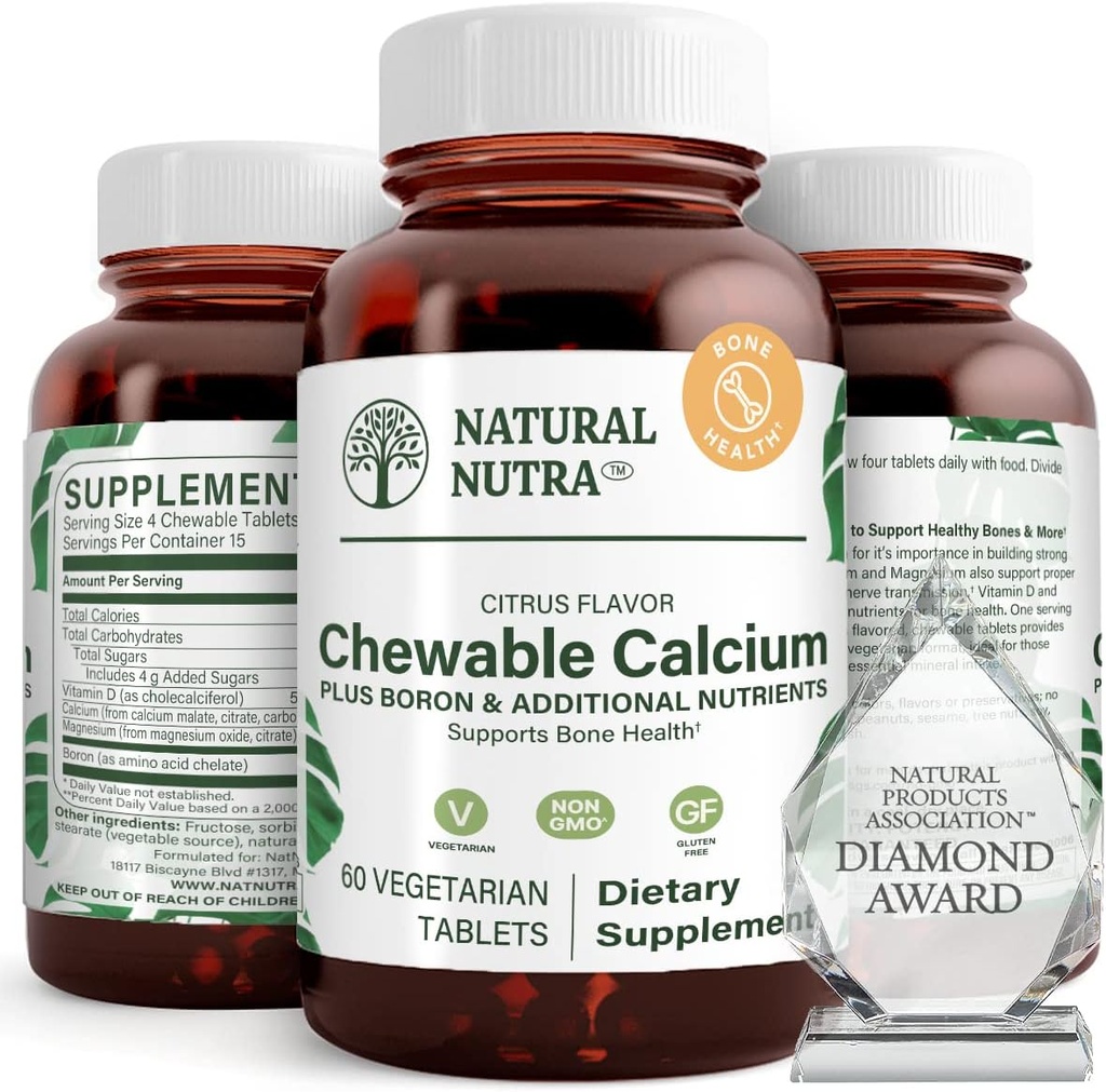 Natural Nutra Chewable Calcium Supplement för benstyrka, främjar muskelhälsa, hjälper till att förbättra tänderna hälsa, stödja nervhälsa och hjärt-kärlhälsa, förbättra benstyrka, 60 tabletter
