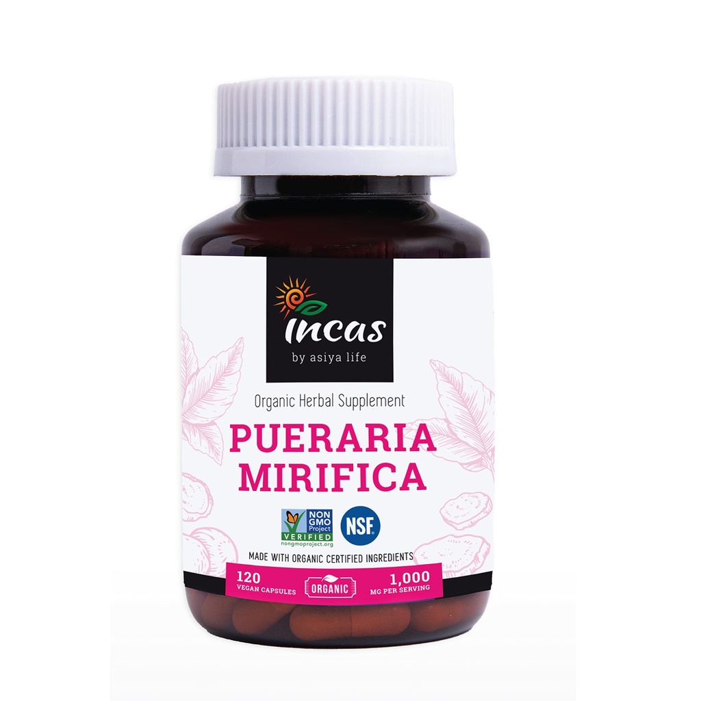 INCAS Organic Pueraria Mirifica 500mg Root Extract Powder Vegan Kapselit Thaimaasta Non GMO Varmennettu Edistää naisten terveyttä, Organic Natural Herbal