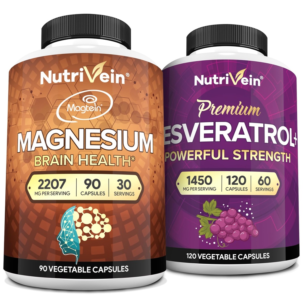 Nutrivein Premium Magnesium L-treonate & Resveratrol täydennysosa Bundle: High-Absorption Magnesium Treonate ja Resveratrol kapselit korjaus, Defenses, & Vitality