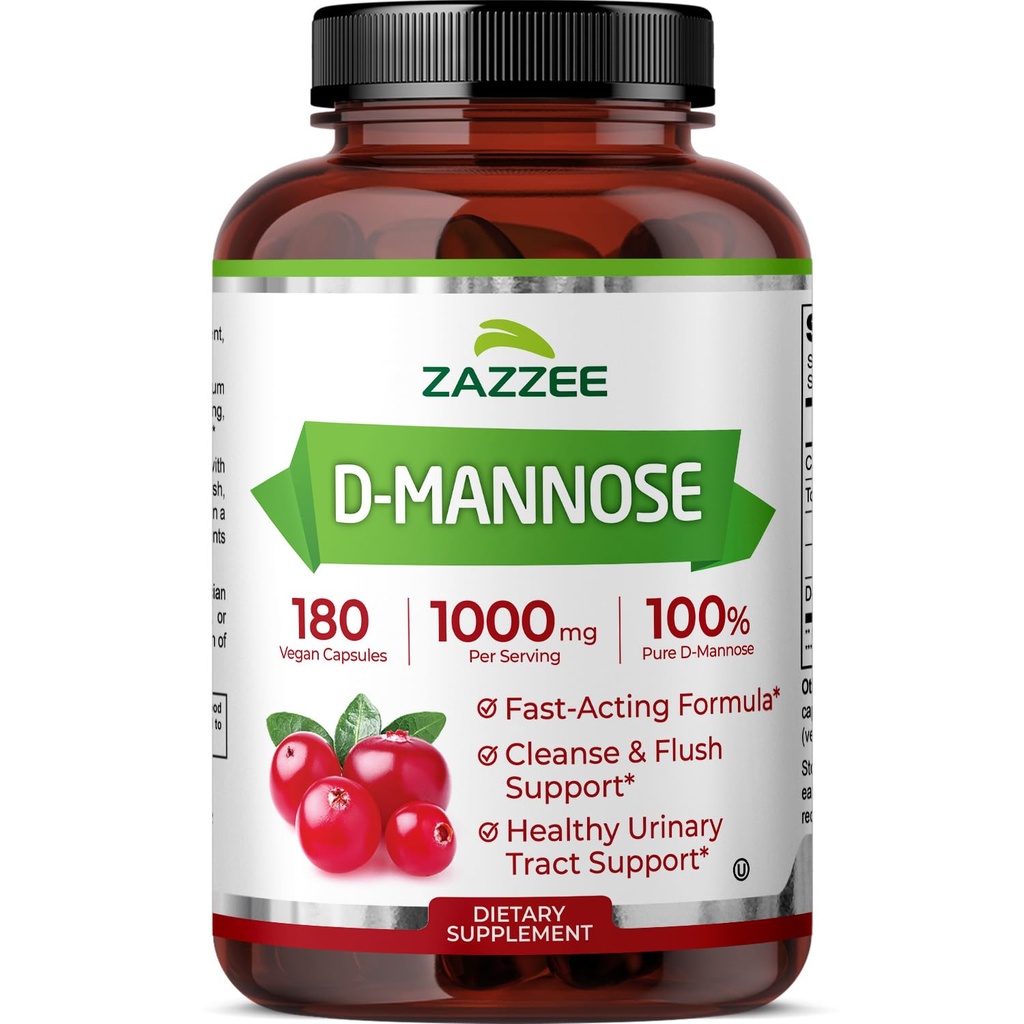 Zazzee D-Mannose, 1000 mg per tarjoilu, 180 vegaanista kapselia, 3 kuukauden tarjonta, potentti ja nopea toiminta, Certified Kosher, 100% puhdas, kaikki luonnolliset virtsatiet terveystuki, 100% kasvissyöjä, ei-GMO