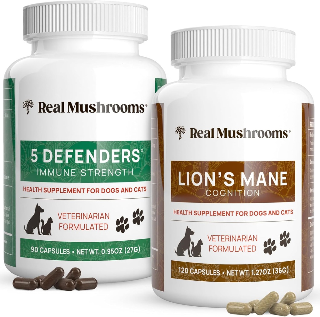 Real Mushrooms 5 Defenders for Pets (90ct) och Lions Mane for Pets (120ct) - Bundle for Immune Strength & Cognition - Vegan, icke-GMO, Gluten-Free, Grain-Free Mushroom Pet Supplements