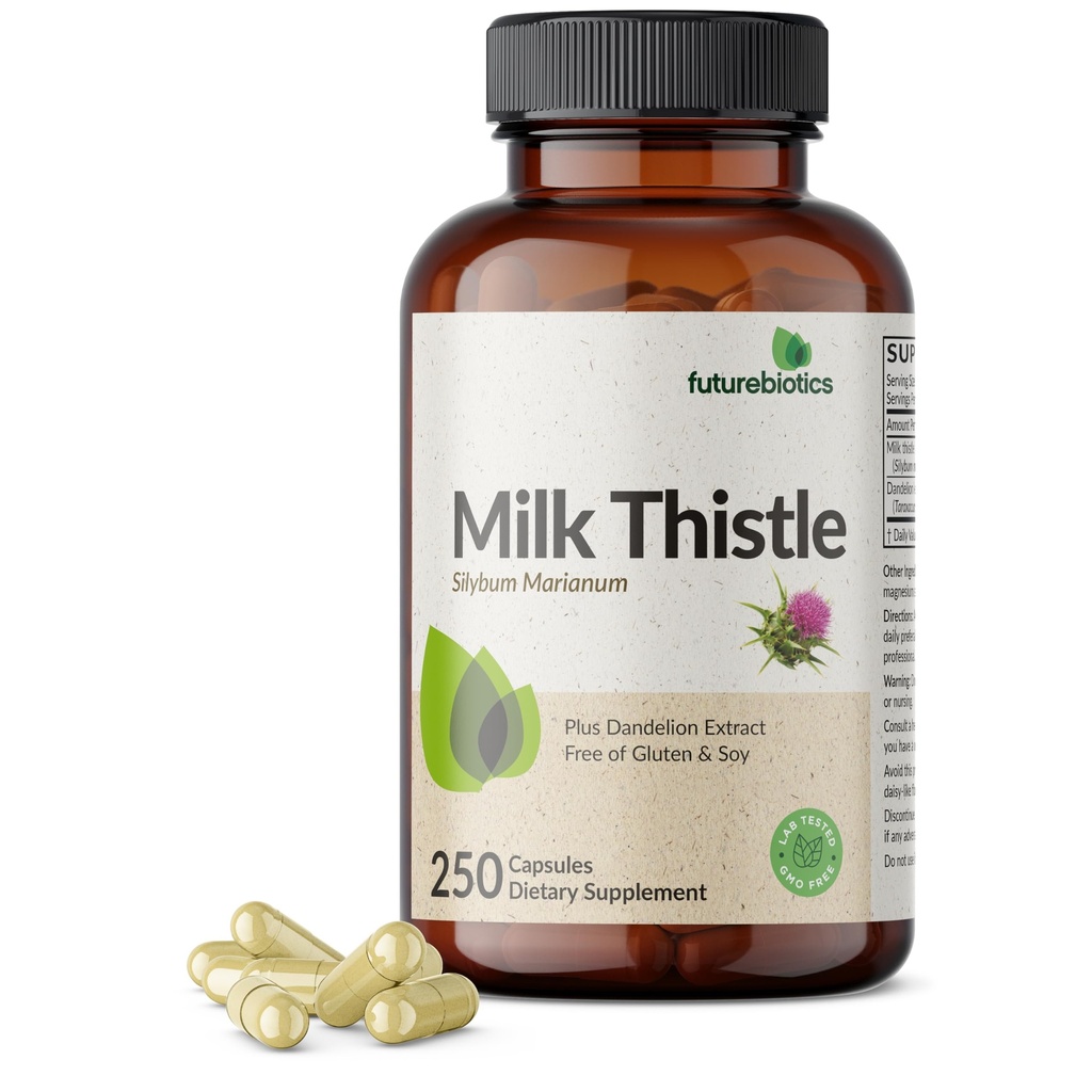 Futurebiootit Maito Thistle Silymarin Marianum & Voikukka Juuri Maksan terveys tuki, antioksidantti tuki, Detox, 250 kapselia