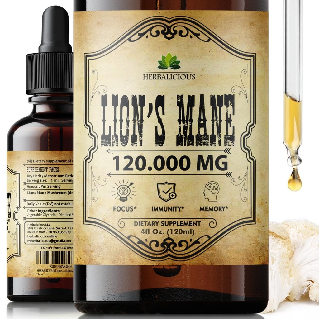 Lion's Mane Extract 4 fl oz Liquid ...Luonnollinen sieni Supplement Tincture for Brain, Memory, Mental Clarity & Focus ...