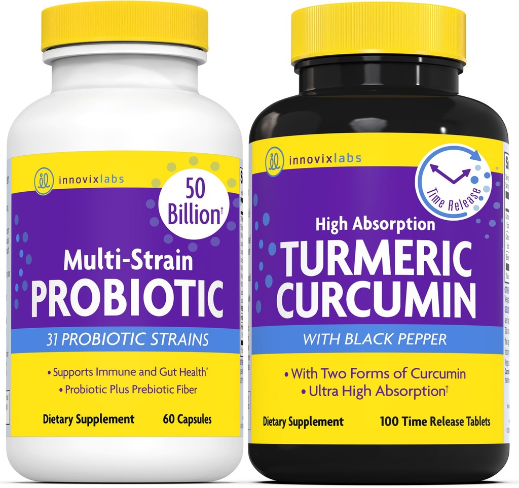 InnovixLabs Multi Probiootti & Curcumin Bundle Multi-Strain Probiootti (60 Aika-Julkaisevat kapselit) Kurkumiini (100 Aika-Julkaisevat tabletit). Tukee Gut and Immuun Health. *