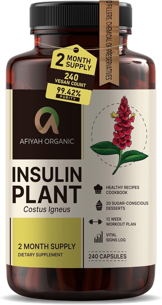 Premium Quality Costus Igneus (Insulin Plant) Capsules - Lätt att svälja 240 Veggie Capsules (2 månaders leverans) - Tillverkad i USA - Inklusive komplett hälsostödsprogram