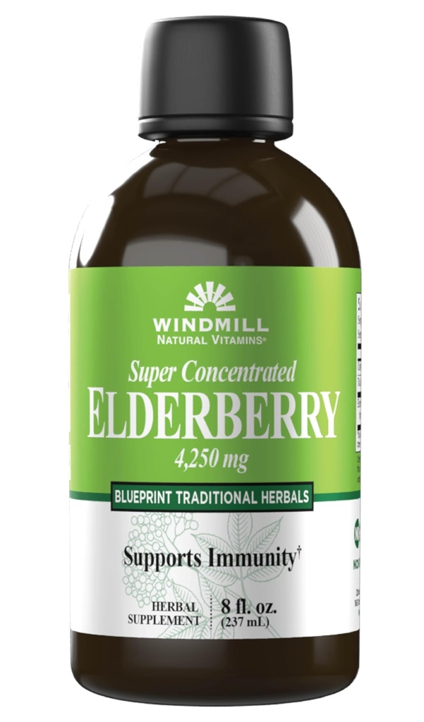 Windmill Natural Vitamiinit Super tiivistetty Musta Elderberry, tukee immuunijärjestelmä, Rikas antioksidantteja, 8 Fl Oz