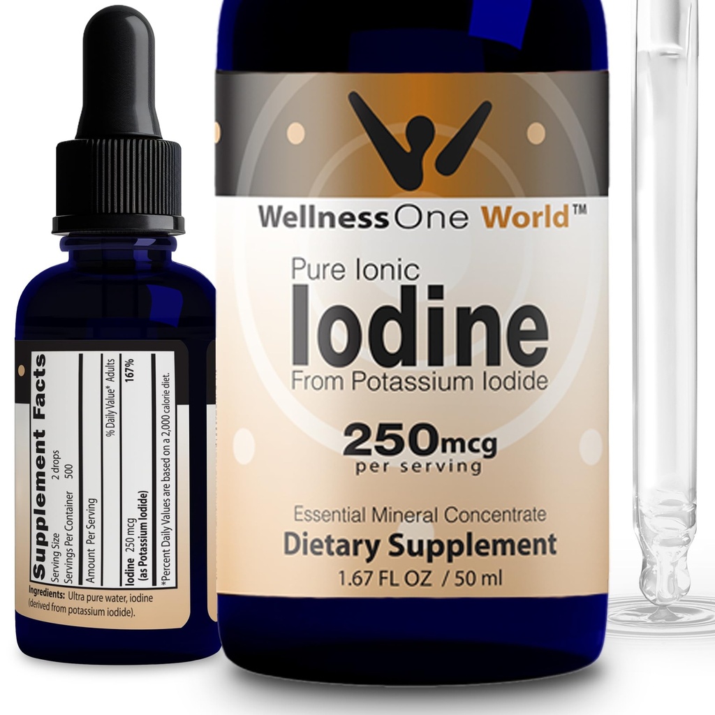 WellnessOne joddroppar för sköldkörtelstöd - Snabbt fungerande flytande jodtillskott från kaliumjodid - bra för immunitet och kognition och maximerar järnabsorption - 1,67 fl oz